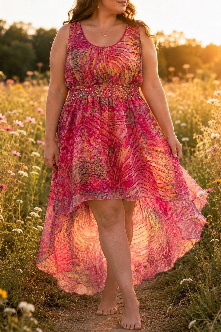Jessica Taylor 2X Fairycore High Low Chiffon Midi Dress Pink Boho Beaded